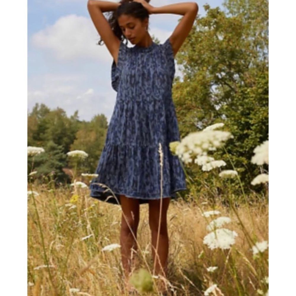 Anthropologie Jenee blue chambray leopard print tiered ruffle tunic dress